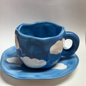 Blue Tea Cup and Saucer with Painted Cloud Motif